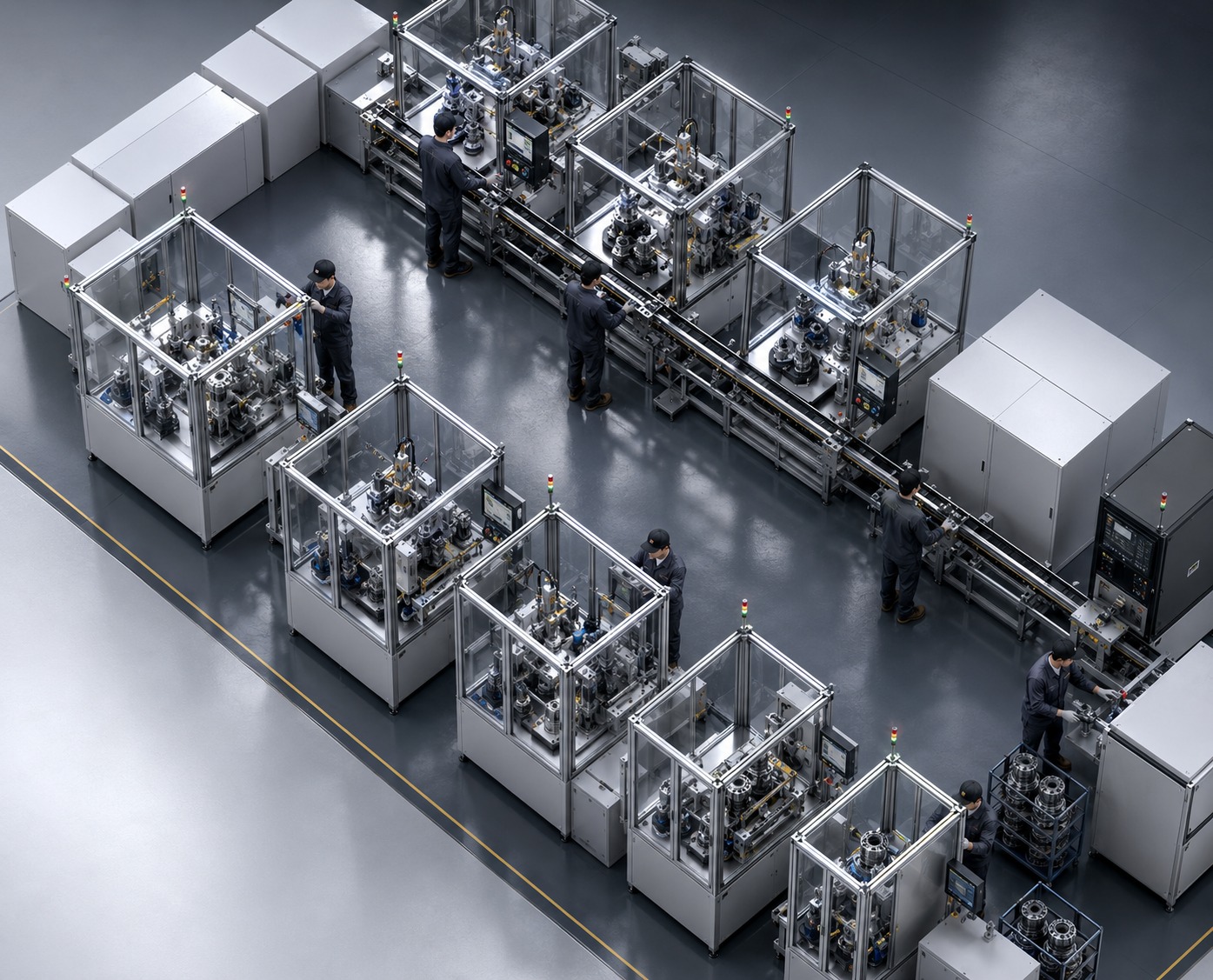 3D layout of the eleven-station humanoid robot joint assembly line